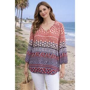 Lucky Brand Geo Print Tunic Blouse Red Quarter Sleeve V-Neck Loose Top Sz Large